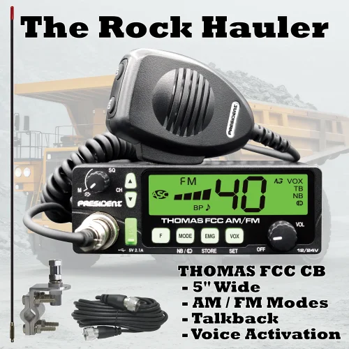 Rock Hauler CB radio package comes with President Thomas CB, and 3 pre-tuned antenna kit