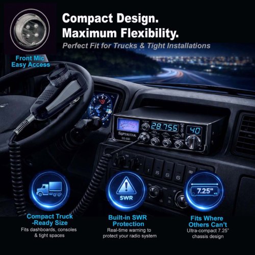 Superstar SS-686 10 meter radio featuring a compact size designed for semi trucks, SWR protection, and a front mic jack