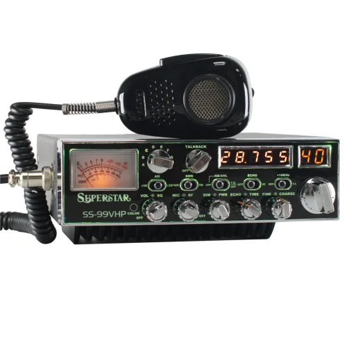 SuperStar SS-99VHP
10 meter radio with green display  and orange meter, channel display, and frequency counter