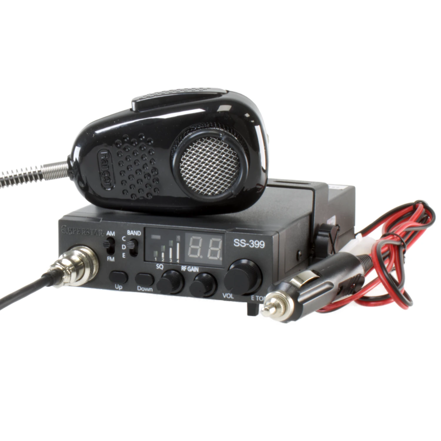 superstar ss399 10 meter radio with noise canceling mic, cigarette lighter power cord, and mounting bracket