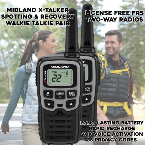 promo picture of a pair of FRS walkie talkies shown over a picture of hikers and product details