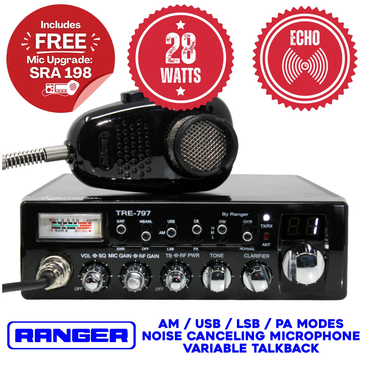 texas ranger tre-797 cb radio with peak performance upgrade and echo