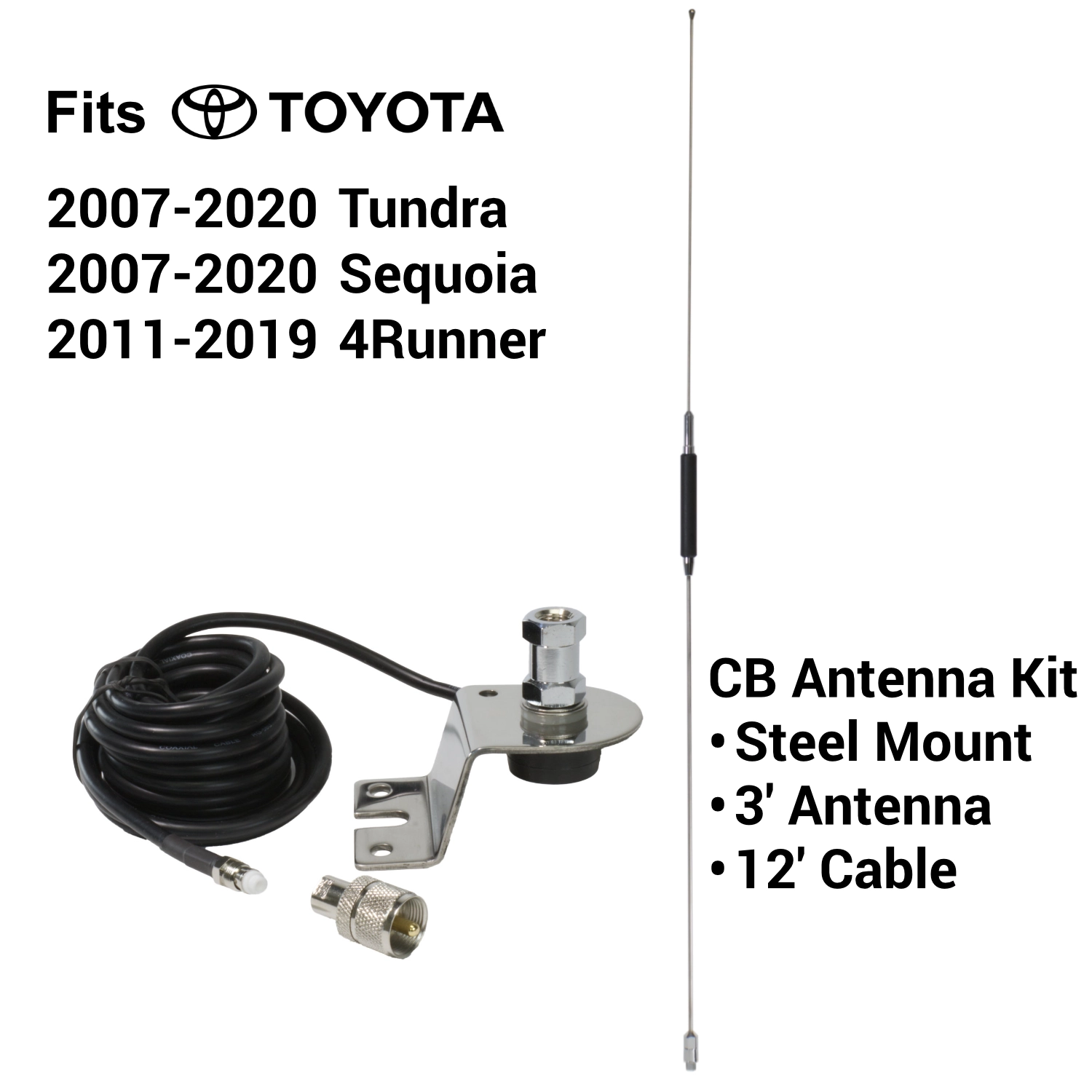3′ steel whip CB antenna for Toyota 4Runner, tundra, and Sequoia
