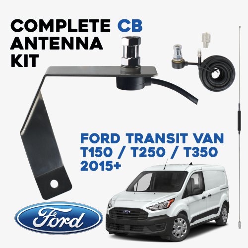 Complete Ford Transit CB antenna kit with stainless steel PC22-4600 mount, 12-foot coax cable and 36-inch whip antenna