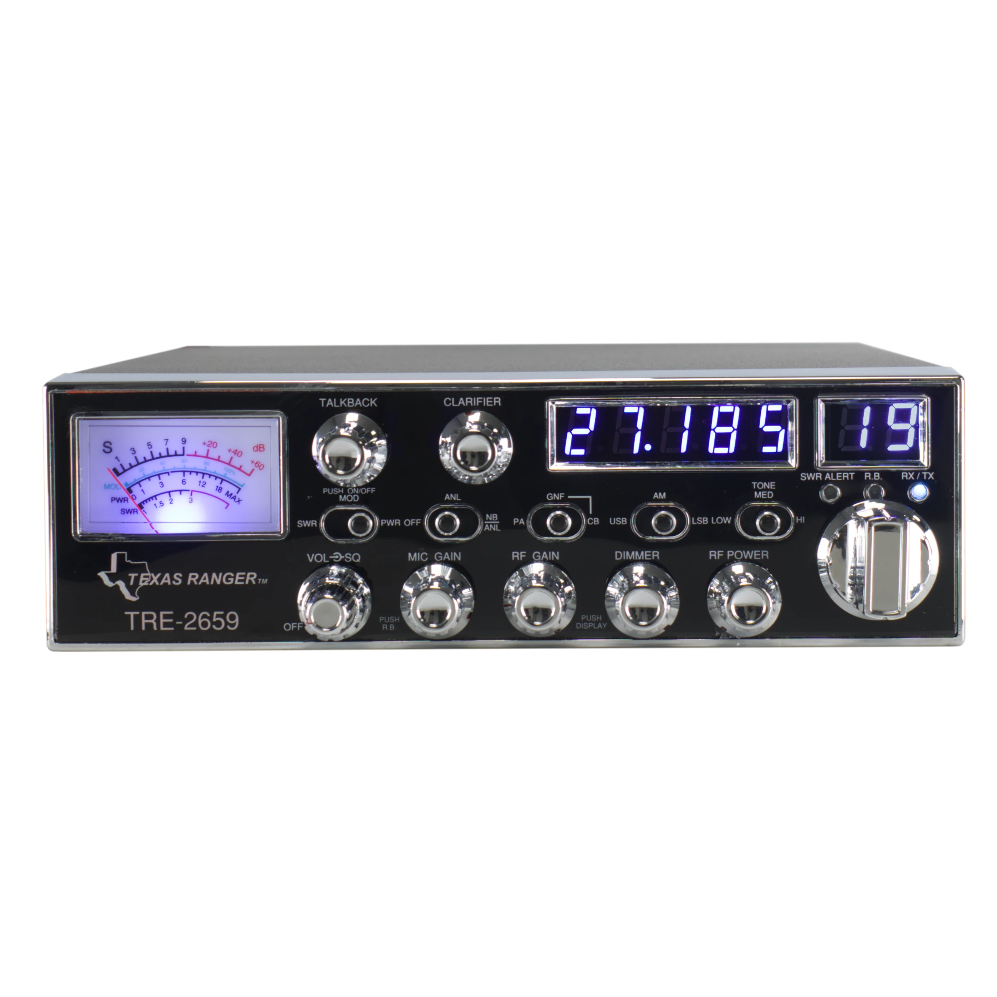 texas ranger tre-2659 cb radio with AM / USB / LSB, larger meter, frequency counter, and blue display lights