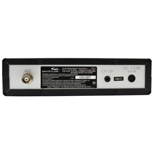 Back side of the Whistler TRX-2 highlighting the antenna, power, and external speaker connections