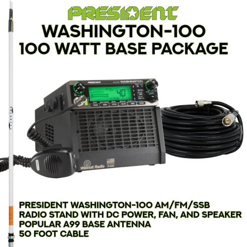 complete base station kit featuring the president washington radio, custom powered radio dock, a99 antenna, and a 50 coax cable
