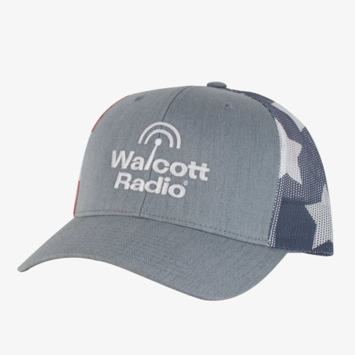 Walcott Radio Trucker Hat with gray front and mesh back with American flag print