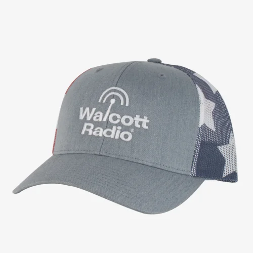 Walcott Radio Trucker Hat with gray front and mesh back with American flag print
